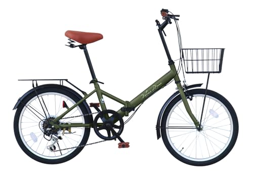 THREE STONE 折りたたみ自転車 自転車 20インチ AJ-08C 荷台付き シマノ6段ギア カゴ ライト ワイヤーロック錠 プレゼント 通勤 通学 街乗り (カーキ(荷台付き))